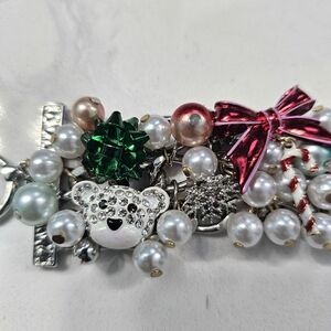 Betsey Johnson Pearl and Bear Charm Bracelet with Green and Pink Accents
